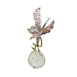 Hand Blown Art Glass Butterfly Figurine Spun Glass Base Pink Gold Accents 7in